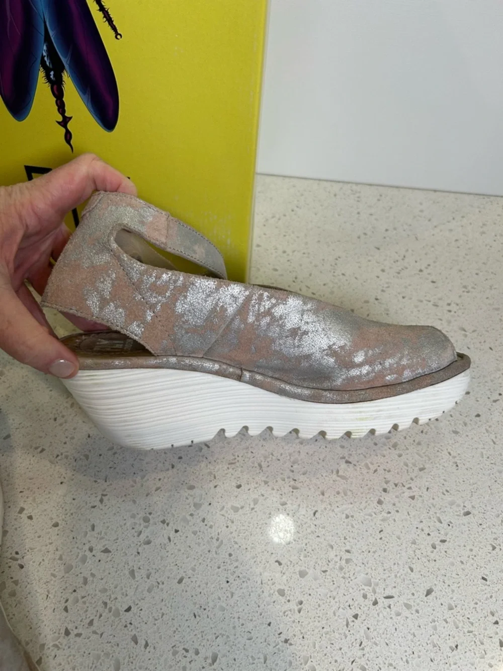 Fly London Yala Corcuma Metallic Rose Wedge Platform Sling Back Sandal Size 8‎